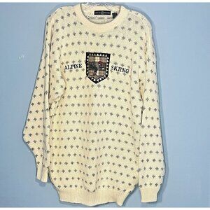 Cape Isle Knitters Alpine Skiing Sweater Men Crew Large Embroidered Patch Cotton